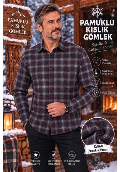Eren Style Flanel Kışlık Pamuklu Kapaklı Cepli Düğmeli Yaka Gömlek Regular Kalıp Bordo