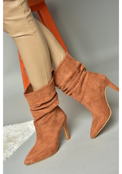 Fox Shoes R404020302 Taba Süet İnce Topuklu Büzgülü Kadın Bot Taba