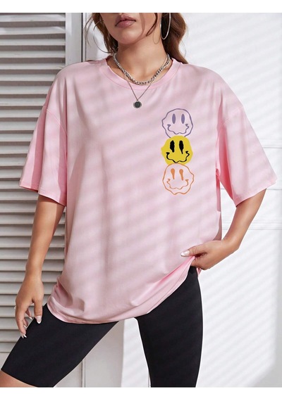 Noıssey Karikatür Ve Grafik Tasarım Oversize T-shirt Cartoon/letter Serisi Kod44 Pembe