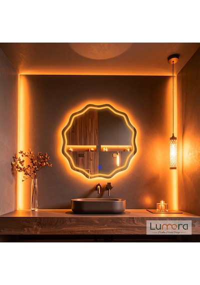 Envara Amber Led'li Lazer Kumlamalı Lavabo & Banyo Aynası Dokunmatik Sensörlü 70 X 70 Turuncu