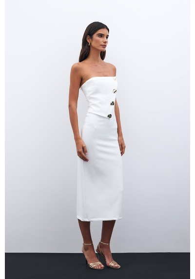 Sateen Düğme Aksesuarlı Straplez Elbise - Ekru-135537 Ekru