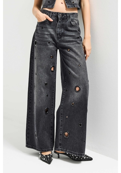 Itsbasic Kadın Koyu Füme 2s6-1 Baggy Fit Kuş Gözü Tasarım Denim Jean