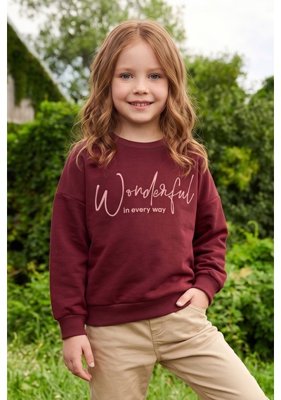 Fullamoda Kabartma Baskılı Oversize Kız Çocuk Sweatshirt Bordo