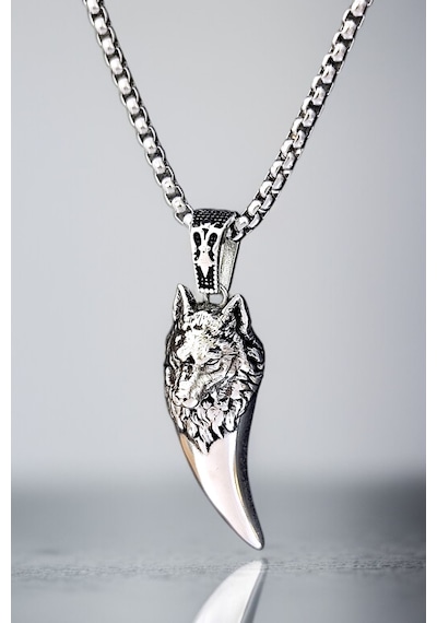 Ak Store Silver Gümüş Kaplama Krom-Çelik Erkek Kolye Madalyon Kurt Dişi Üzerine Bozkurt İşleme
