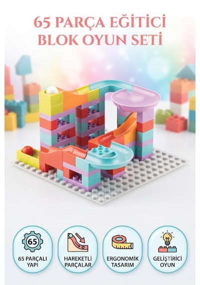 Slide Blocks 65 Parça Parkuru Top Kaydırağı Ve Blok Birleştirme Eğitici Beceri Geliştirme Seti