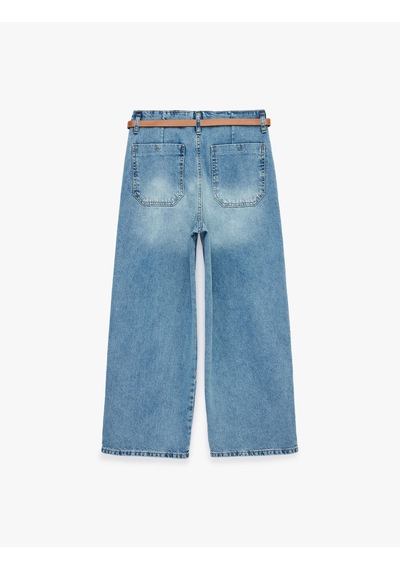 Koton Yüksek Bel Pamuklu Kemerli Kısa Geniş Paça Denim Pantolon - Wide Leg Jean Açık İndigo 6sal40096md