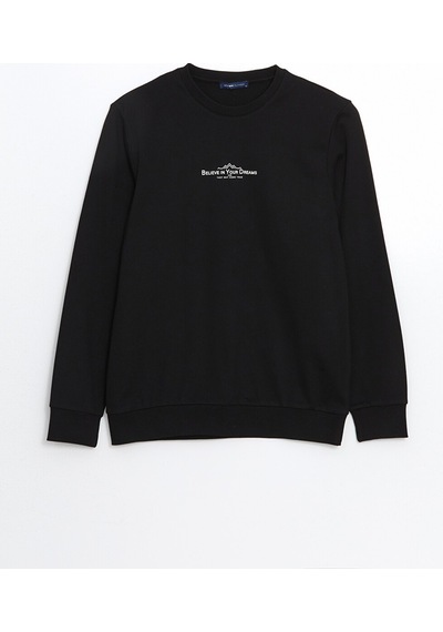 Lcwaıkıkı Classic Siyah Bisiklet Yaka Uzun Kollu Baskılı Erkek Sweatshirt