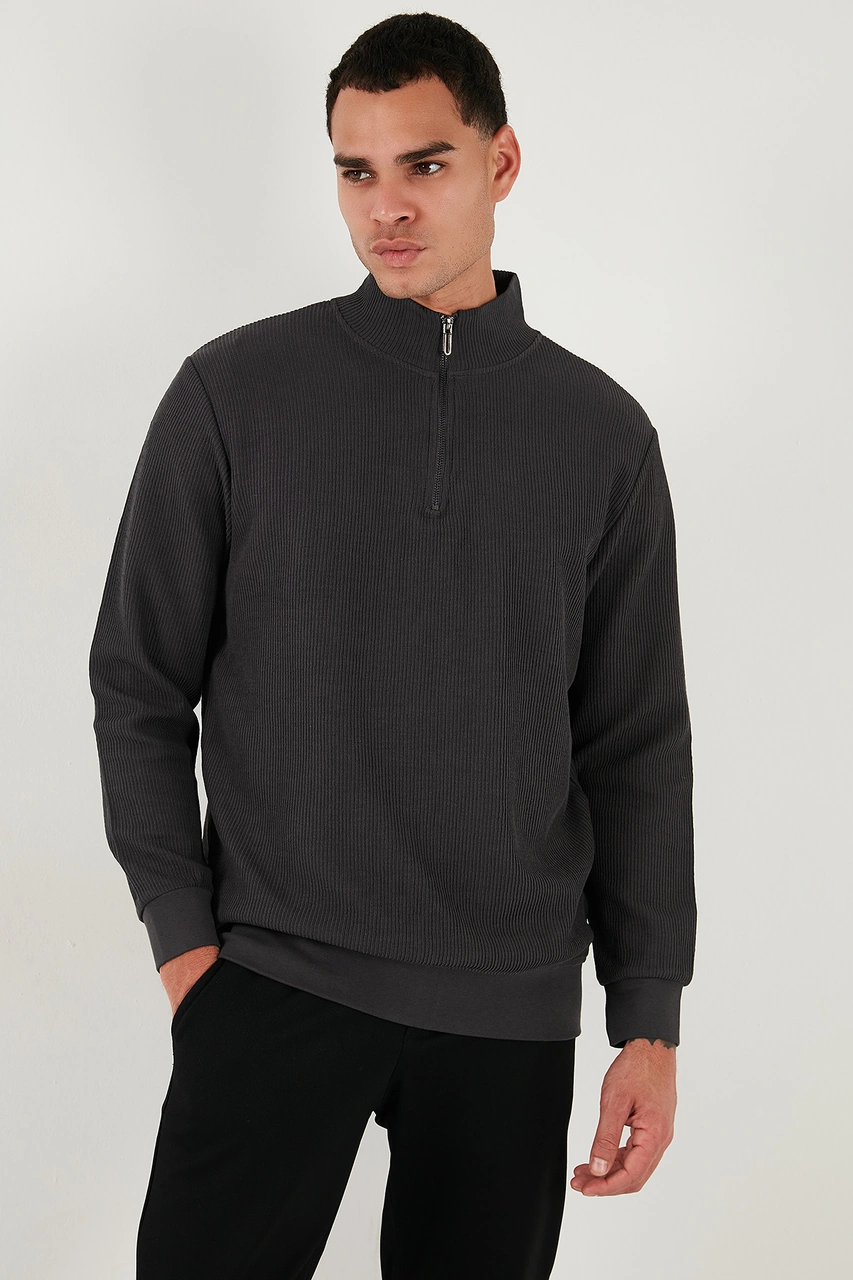 Buratti Pamuklu Regular Fit Yarım Fermuarlı Dik Yaka 2'Li Paket Erkek Sweat 5905716S2 Koyu Vizon-Antrasit