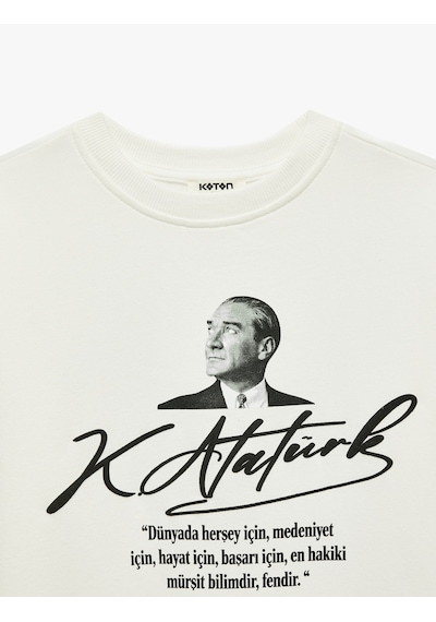 Koton Atatürk Baskılı Uzun Kollu Bisiklet Yaka Pamuklu Sweatshirt Ekru 7wkg10705ak