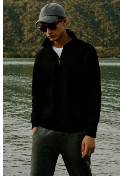 AC&Co / Altınyıldız Classics Standart Fit Normal Kesim İçi Polarlı Bato Yaka Pamuklu Erkek Sweatshirt Siyah