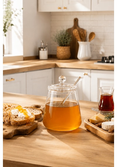 Porsima Lm-0019 Kaşıklı Kapaklı Cam Şekerlik Sunumluk Bal Ve Reçel Kavanozu Saklama Kabı 500ml Şeffaf