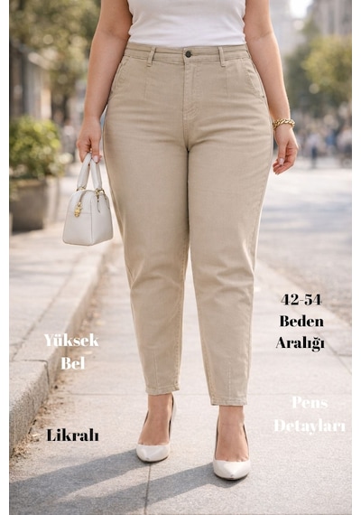 Cedy Denim Mom Fit Jean Büyük Beden Yüksek Bel Carrot Kesim Dar Paça Pileli Esnek Kot Pantolon C600 Bej
