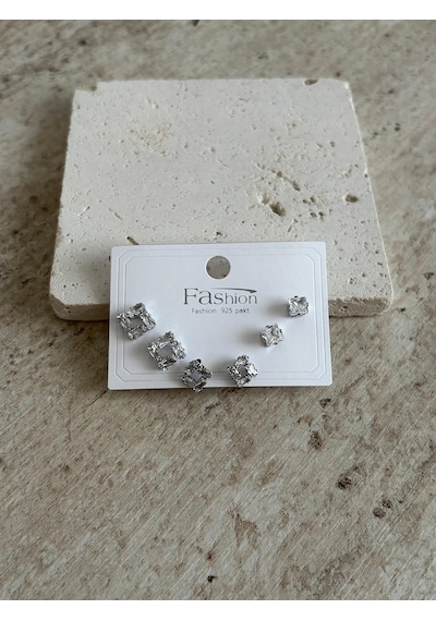 Taşlı Kare Silver Altılı Küpe Çok Renkli