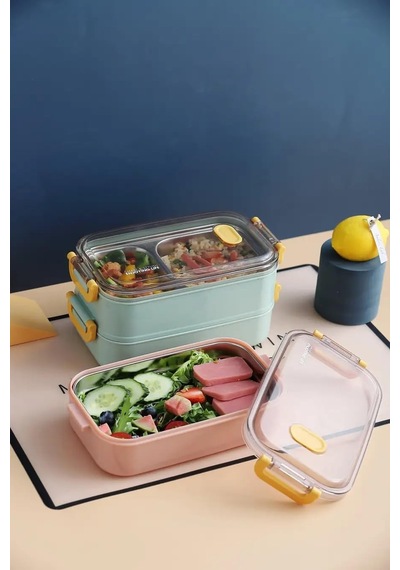 Vagonlif Çift Katmanlı Paslanmaz Çelik Beslenme Kabı-1400 Ml Beslenme Kutusu Lunch Box Pembe Çok Renkli