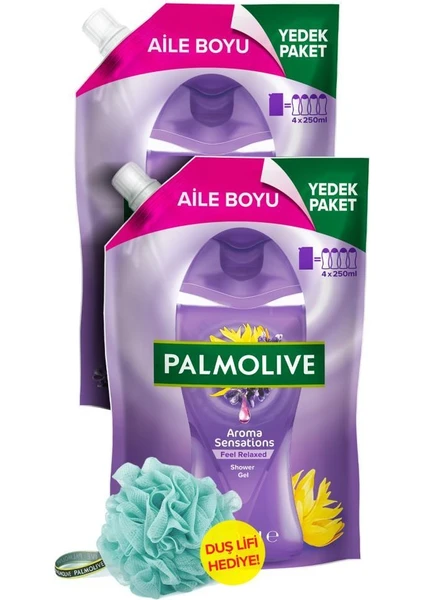 Palmolive Aroma Sensations Feel Relaxed Aile Boyu Yedek Paket Duş Jeli 1000 Ml X2 + Duş Lifi Hediye Lavanta