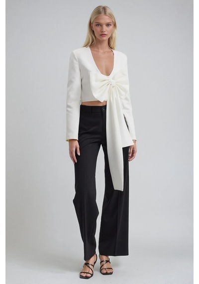 Büyük Fiyonk Detaylı Derin V Yaka Crop Blazer Ceket 6188 Beyaz