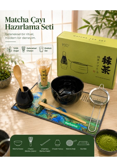 6 Parça Siyah Renk Matcha Çayı Hazırlama Seti - Geleneksel Japon Matcha Seti
