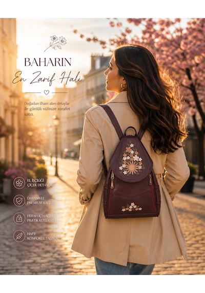 Durush Collection Hakiki Deri, Tasarım El İşlemesi Çiçekli Bordo Sırt Çantası