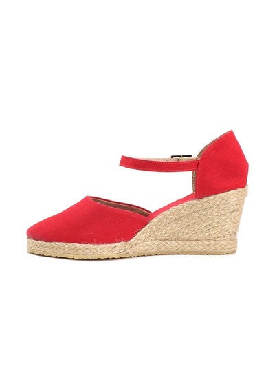 Gerçek Elişi Bilekten Bantlı Topuğu Açık Keten Espadril Dolgu Topuk Handmade Kırmızı