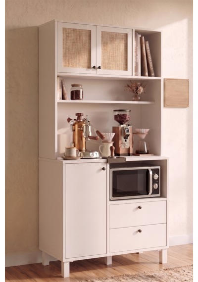 Robin Home Ahşap Jüt Kapaklı Kahve Köşesi Airfry Kiler Dolabı Çok Amaçlı Dolap Beyaz