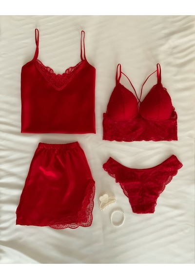 Mh Moony Homewears 4'lü Saten Firuze Çeyiz Seti Kırmızı