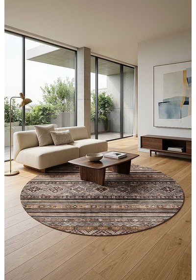 Etnik Kilim Desenli Pamuk Taban Yıkanabilir Baskılı Dekoratif Yuvarlak Halı Vizon Kahve