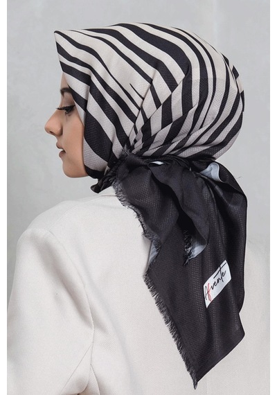Afvente Zebra Desen Siyah Pamuk Eşarp