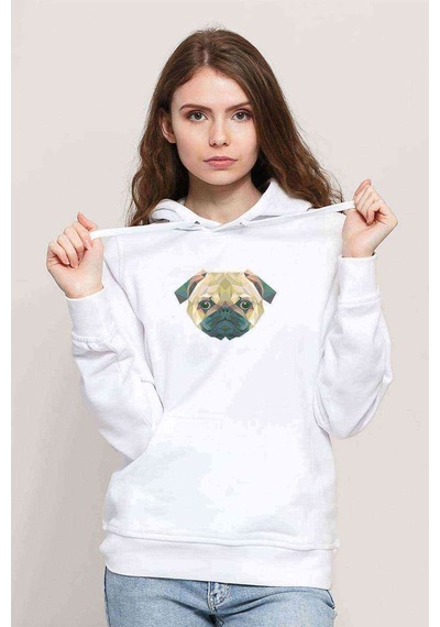 Polygonal Head Dog Köpek Baskılı Beyaz Kadın Kapşonlu Sweatshirt