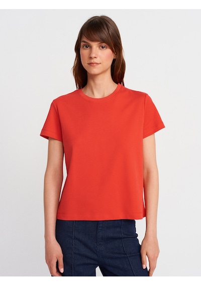 Dilvin 31757 Bisiklet Yaka Dikiş Detaylı T-shirt-kırmızı Kırmızı