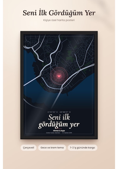 Kişiye Özel Harita Posteri Çerçeveli Seni İlk Gördüğüm Yer Hediye Tablo Siyah