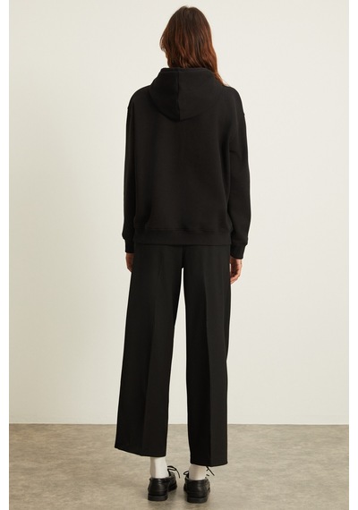 Grimelange Sabine Kadın Baskı Detaylı İçi Polarlı Kapüşonlu Kanguru Cepli Relaxed Fit Siyah Sweatshirt
