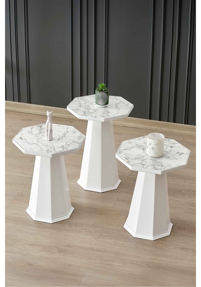 Elegance 3'lü Sehpa, Yan Sehpa, Zigon Sehpa - Beyaz & Beyaz Mermer Desenli Tabla Beyaz & Beyaz Mermer Desenli