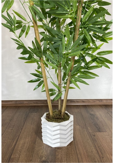 Yapay Bambu Ağacı 160cm Yoğun Yapraklı Zikzak Beton Saksıda Beyaz