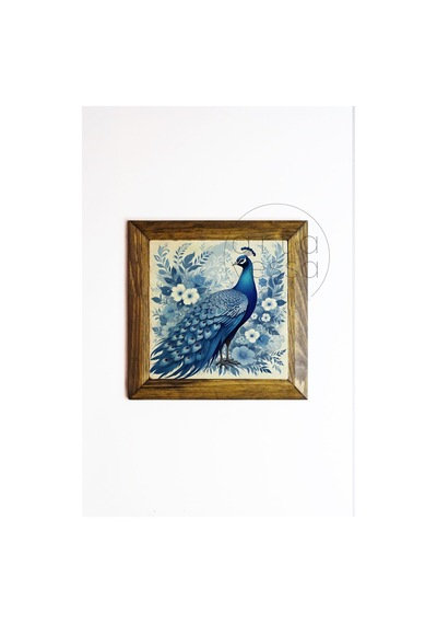 Artavessa Masif Ahşap Çerçeveli Taş Tablo Pano 16 x 16 cm - Tavus Kuşu 1