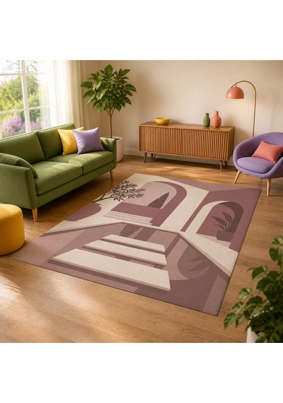Kartela Halı Avlu Mimari Desenli Modern Halı Gül Kurusu Kaymaz Taban Makinede Yıkanabilir 100x150 Cm