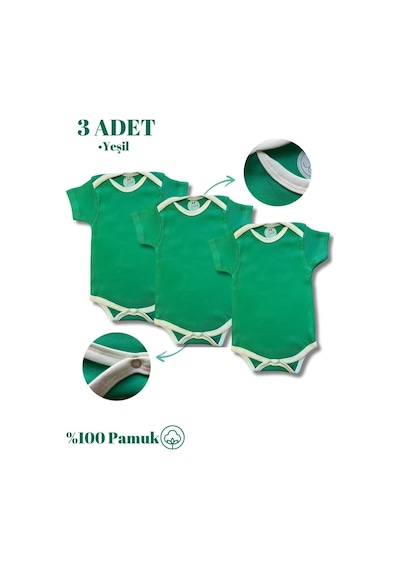 Betül Bebek Kısa Kollu 3'lü %100 Organik Pamuk Çıtçıtlı Bebek Body & Zıbın 3adet Yeşil
