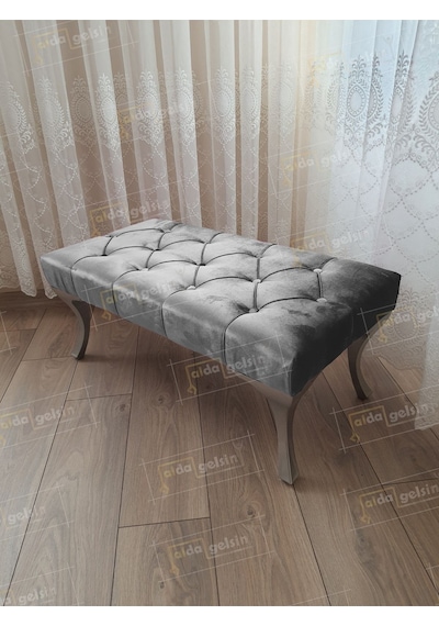 Kapitoneli Ayak Ucu Kapı Önü Antre Bench Puf Gümüş Ayak 120 45 Beyaz