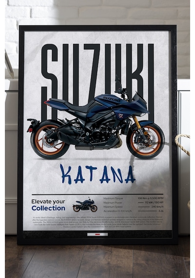 Suzuki Katana Siyah Ahşap Çerçeveli Poster, Dekoratif Motosiklet Duvar Tablosu