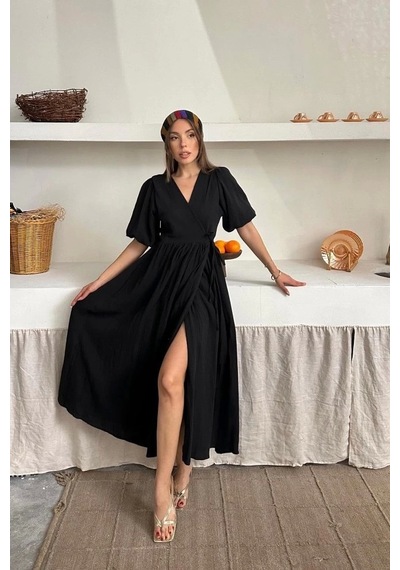 Defymoda Siyah Müslin Uzun Elbise Siyah