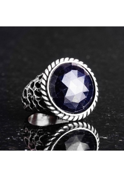 Gerçek Doğal Taş Yüzük - 925k Katı Gümüş Erkek Yüzüğü Mavi Safir İle Gümüş