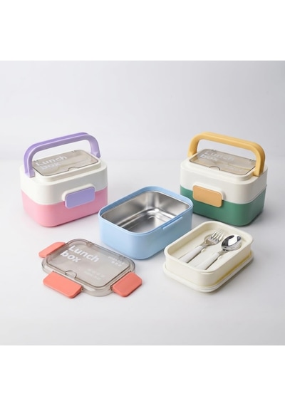 Lexroo Deconox Paslanmaz Çelik Hazneli Kulplu Yemek Kabı 1010 Ml, Bölmeli Lunch Box Seti Çok Renkli