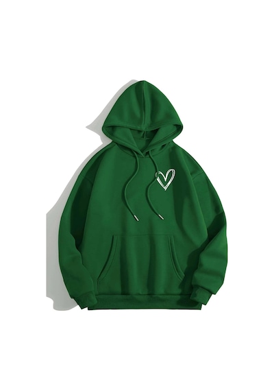 Unisex Siyah Yeşil Kalp Baskılı Oversize Kapşonlu Sweatshirt Yeşil