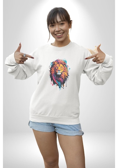 Renkli Yağlı Boya Aslan Unisex Beyaz Baskılı Sweatshirt Beyaz