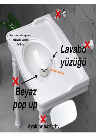 Pop Up Sifon Taşma Delikli Porselen Kafa Beyaz Renk Sifon Ve Beyaz Renk Lavabo Yüzüğü Lavabo Sifonu