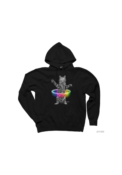 Kedi Hulahop Siyah Kapşonlu Sweatshirt Hoodie Siyah