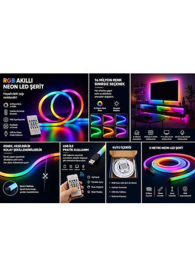 Cata Ct-4567 Rgb Akıllı Neon Led Şerit 5 Metre Kumandalı Renk Değiştiren Ip65 Suya Dayanıklı Led Işık 5 Metre Rengarenk
