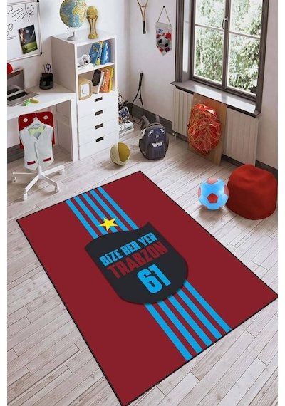 Bordo Ve Mavi Kaymaz Tabanlı Yıkanabilir Taraftar Halısı Kd107n11 Bordo - Mavi