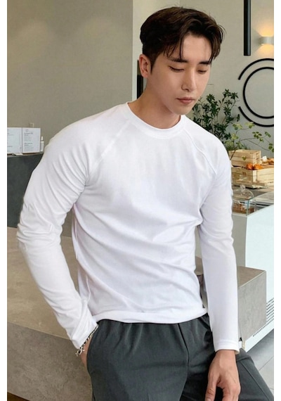 Tarz Cool Erkek Slim Fit Uzun Kollu Bisiklet Yaka Likralı Pamuk Tişört Beyaz