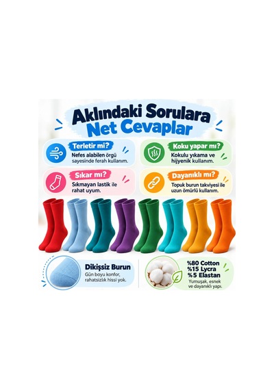 Womanandkids Wak Unisex Renkli Çorap 8'li Set Günlük Rahat Esnek Uzun Soket Çorap Canlı Renkler Yumuşak Konforlu Seti Çok  Renkli
