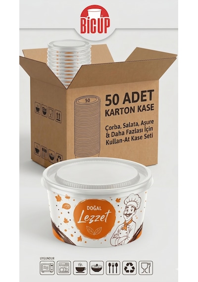 50 Adet Kapaklı Karton Kase Çorba Salata Aşure Yemek Kasesi Piknik Tabağı 14 Oz Karton Kase Isıya Dayanıklı Parti Organizasyon Kasesi Beyaz